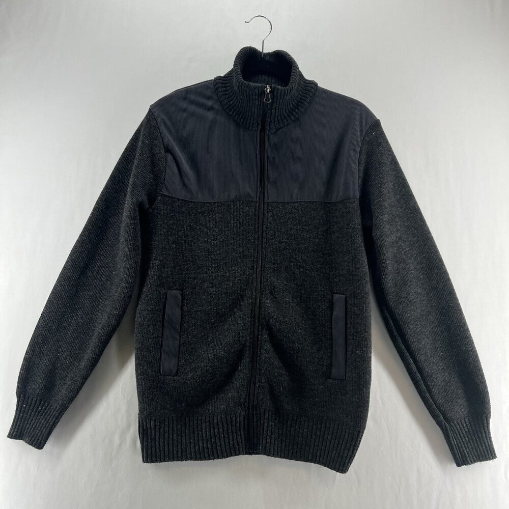 IZOD Full Zip Sweater Jacket Men S Fleece Lined Plaid Mock Neck Mixed Media Gray